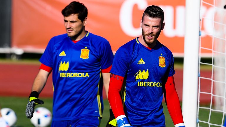 Iker Casillas and David de Gea of Spain look on during a training session 