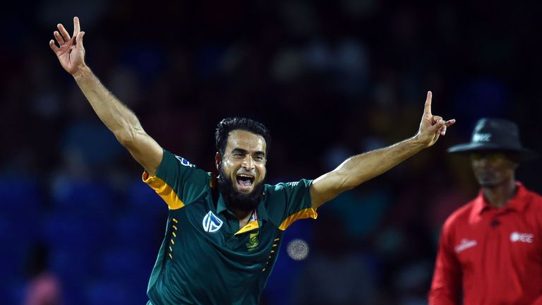 Imran Tahir celebrates one of his seven wickets in South Africa's impressive win