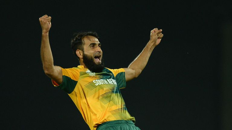 DELHI, INDIA - MARCH 28:  Imran Tahir of South Africa celebrates dismissing Chamara Kapugedera of Sri Lanka during the ICC World Twenty20 India 2016 Group 