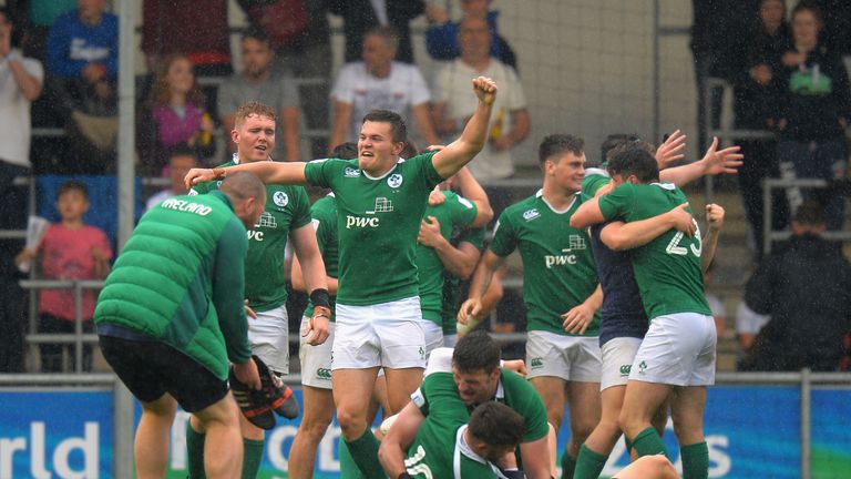 Ireland players celebrate beating New Zealand at the final whistle during the World Rugby U20 Championships