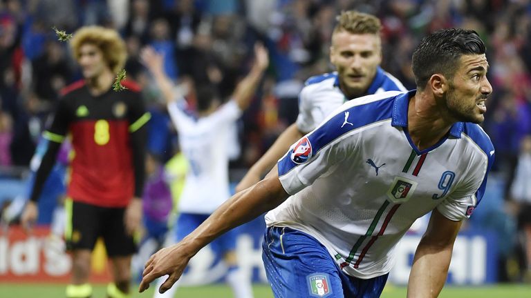 Italy's Graziano Pelle celebrates after scoring his team's second goal