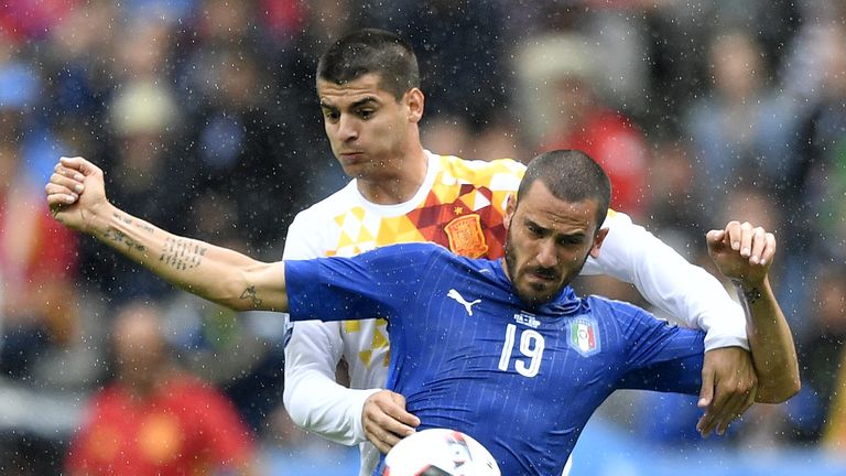 Italy's defender Leonardo Bonucci (front) vie for the ball against Spain's forward Alvaro Morata during Euro 2016 round of 16 football match between Italy 