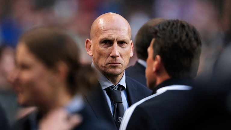 AMSTERDAM, NETHERLANDS - MAY 03:  Ajax Assistant Coache, Jaap Stam looks on after the Eredivisie match between Ajax Amsterdam and NEC Nijmegen at Amsterdam