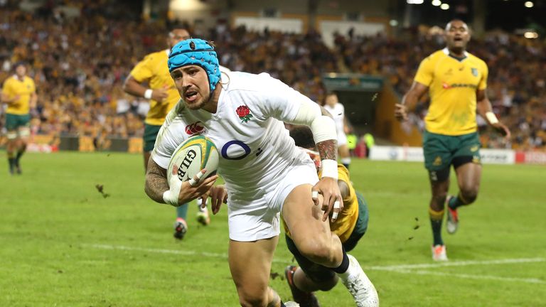 Jack Nowell of England dives over for their third try against Australia