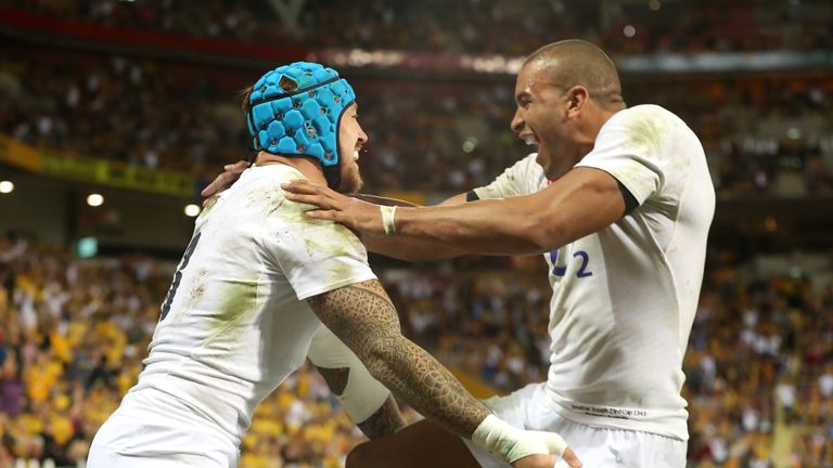 Jack Nowell (L) of England celebrates with Jonathan Joseph