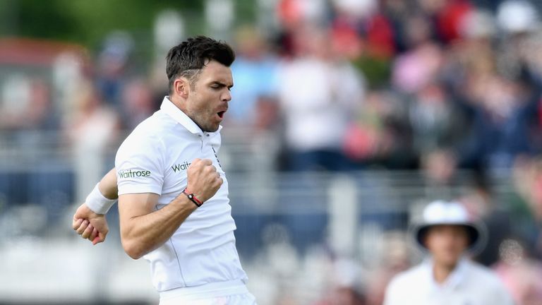 CHESTER-LE-STREET, ENGLAND - MAY 29:  James Anderson of England celebrates dismissing Angelo Mathews of Sri Lanka during day three of the 2nd Investec Test