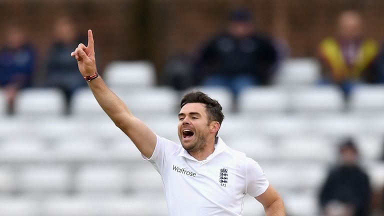 CHESTER-LE-STREET, ENGLAND - MAY 30:  James Anderson of England celebrates dismissing Milinda Siriwardana of Sri Lanka during day four of the 2nd Investec 