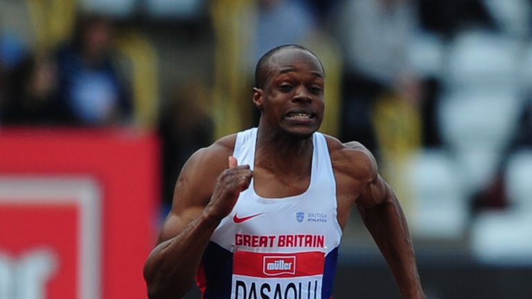 BIRMINGHAM, UNITED KINGDOM - JUNE 25: Jason Dasaolu of Great Britain wins the Mens 100 Metres Final during Day Two of the British Championships at Birmingh