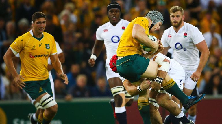 James Haskell (R) smashes back Australia's David Pocock