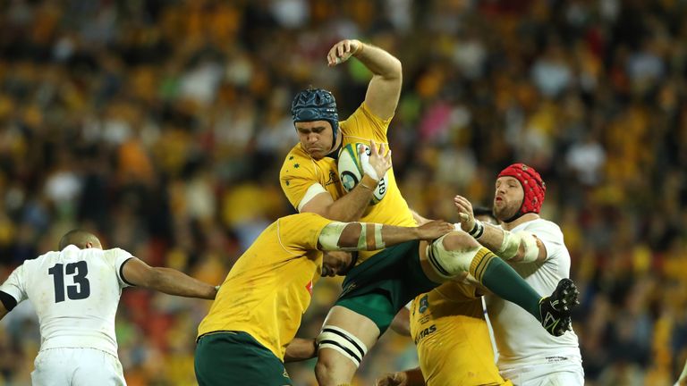 BRISBANE, AUSTRALIA - JUNE 11: James Horwill of Australia holds onto the ball during the International Test match between the Australian Wallabies and Engl