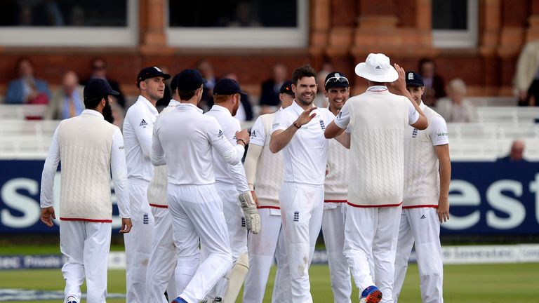 England's James Anderson celebrates taking the wicket of Sri Lanka's Dhananjaya de Silva (not pictured) during day five of the Investec Third Test match