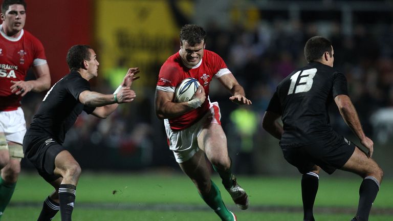 HAMILTON, NEW ZEALAND - JUNE 26:  Jamie Roberts of Wales pushes forward during the rugby test match between the New Zealand All Blacks and Wales at Waikato