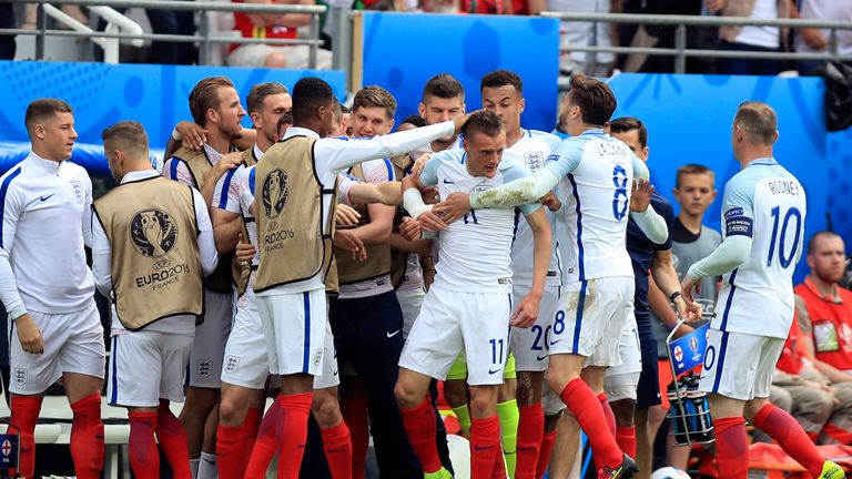 England's Jamie Vardy celebrates with team mates after scoring against Wales