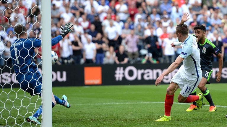 England's Jamie Vardy scores his sides first goal of the game 