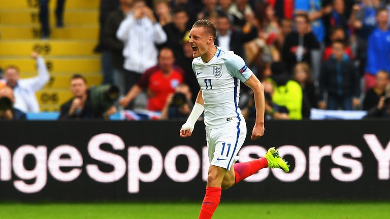 Jamie Vardy celebrates scoring England's first goal against Wales