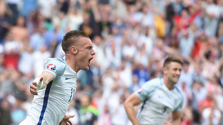 England's forward Jamie Vardy celebrates after scoring a goal against Wales