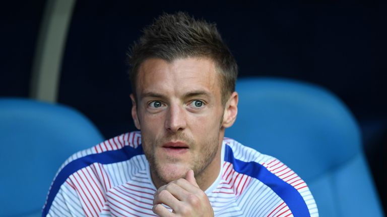 England's forward Jamie Vardy is seen on the substitute bench during the Euro 2016 group B football match between England and Russia at the Stade Velodrome