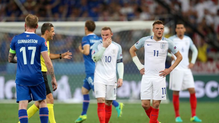 England's Jamie Vardy (right) looks dejected during the Round of 16 match at Stade de Nice, Nice, France.