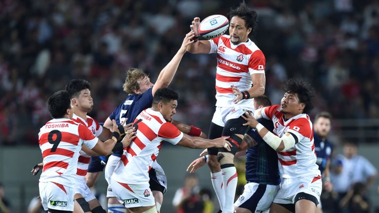 Japan's lock Hitoshi Ono (top-2nd R) fights for the ball against Scotland during their rugby union friendly match at Ajinomoto Stadium in Tokyo on June 25,