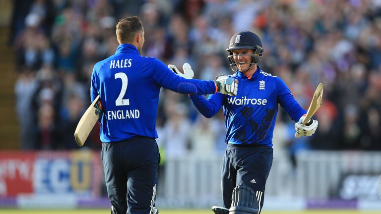 England's Alex Hales celebrates his century with Jason Roy