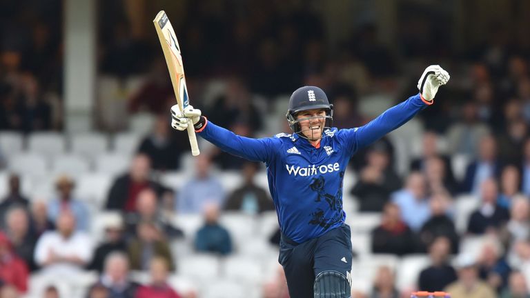 England's Jason Roy celebrates reaching his century