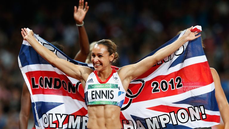 LONDON, ENGLAND - AUGUST 04:  Jessica Ennis of Great Britain celebrates winning gold in the Women's Heptathlon on Day 8 of the London 2012 Olympic Games at