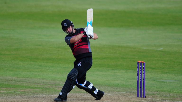 TAUNTON, UNITED KINGDOM - JUNE 05: Jim Allenby of Somerset hits out during the Royal London One Day Cup match between Somerset and Gloucestershire at The C