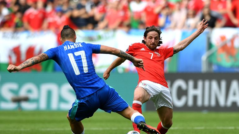 BORDEAUX, FRANCE - JUNE 11: Marek Hamsik of Slovakia and Joe Allen of Wales compete for the ball during the UEFA EURO 2016 Group B match between Wales and 