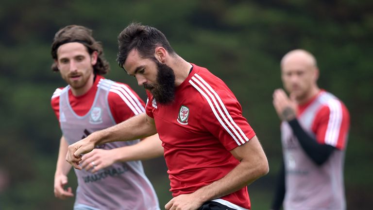 Wales' Joe Ledley (centre) in action during a training session at the Wales Media Centre, Complex sportif du Cosec, Dinard.