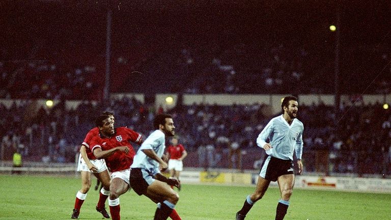 John Barnes of England scores during a Friendly match against Uruguay at Wembley Stadium in London. Uruguay won the match 2-1. \ Mandatory Cr