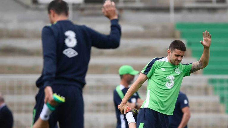 John O'Shea and Ireland's midfielder Robbie Brady at a Republic of Ireland training session in Versailles.
