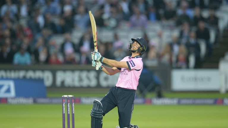 LONDON, ENGLAND - JUNE 23: John Simpson of Middlesex hits a six during the Natwest T20 Blast match between Middlesex and Somerset at Lord's cricket ground 