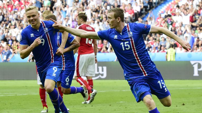 Iceland's Jon Dadi Bodvarsson celebrates after scoring