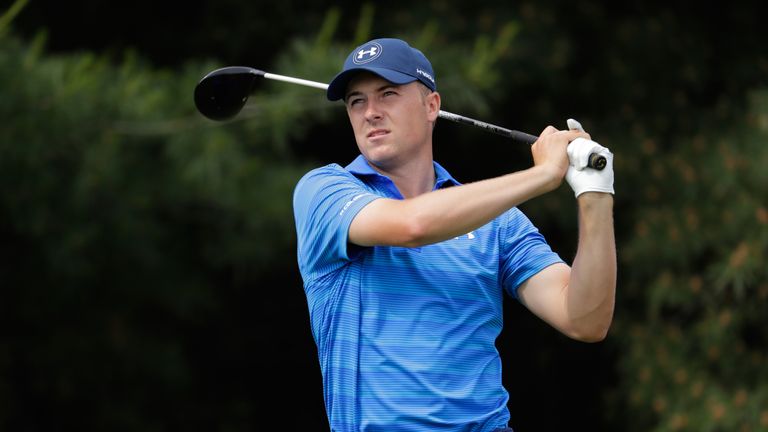 Jordan Spieth watches his tee shot on the 17th hole during the first round of The Memorial Tournament at Muirfield Village Golf Club