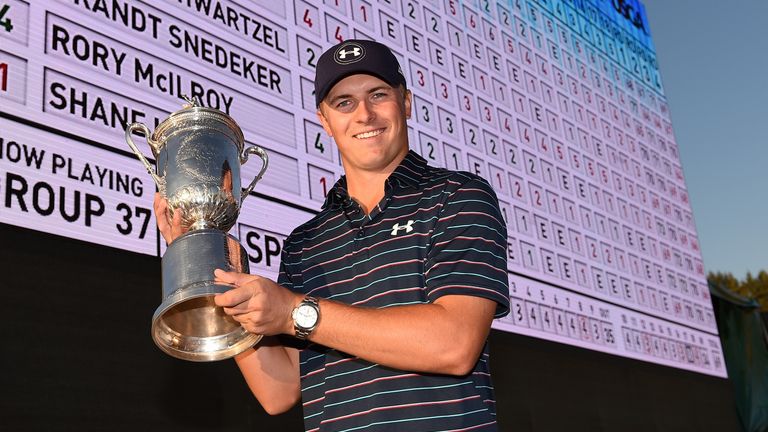 UNIVERSITY PLACE, WA - JUNE 21:  Jordan Spieth of the United States poses in front of the leaderboard with the trophy after winning the 115th U.S. Open Cha