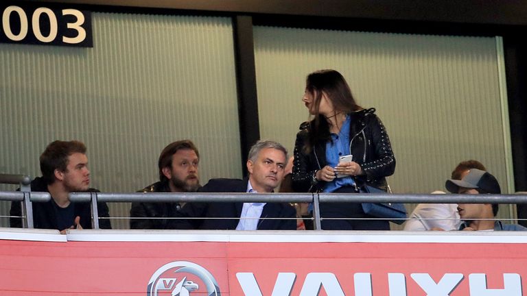 Manchester United manager Jose Mourinho (centre) in the stands during the International Friendly at Wembley Stadium, London.