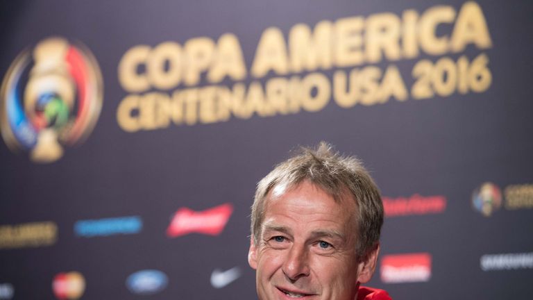 US national team coach Juergen Klinsmann speaks at a press conference in Philadelphia