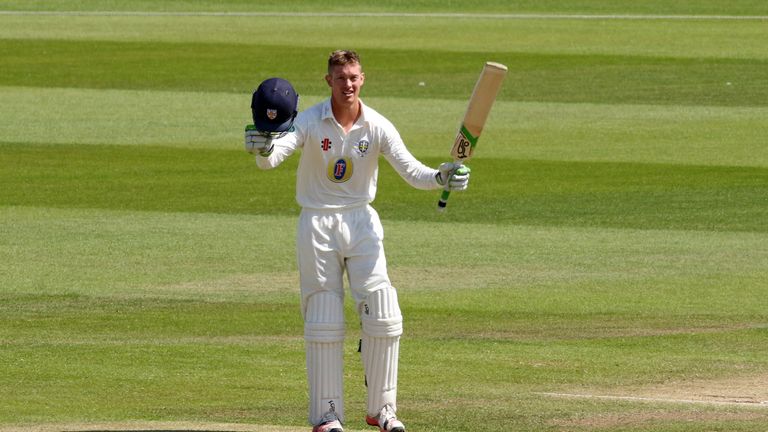 Keaton Jennings of Durham celebrates reaching 200 during day four of the Specsavers County Championship Division One 
