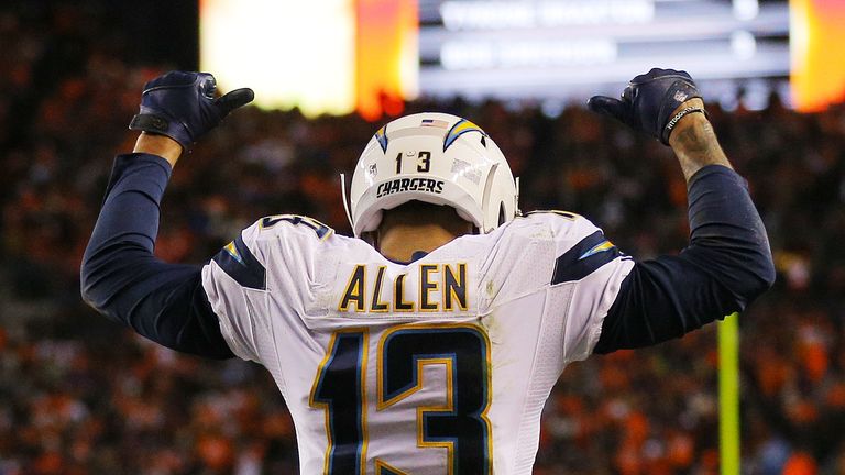 DENVER, CO - JANUARY 12:  Keenan Allen #13 of the San Diego Chargers celebrates a fourth quarter touchdown against the Denver Broncos during the AFC Divisi