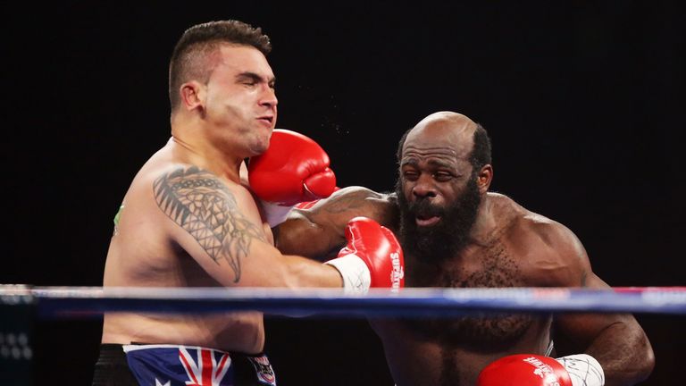 Kimbo Slice (R) fights Shane Tilyard (L) during the main upport bout between Kimbo Slice and Shane Tilyard at Sydney Enter