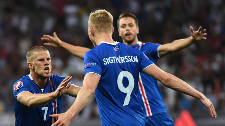 Kolbeinn Sigthorsson celebrates with his Iceland team-mates after scoring what proved to be the winner against England at Euro 2016