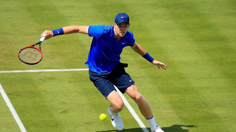 LONDON, ENGLAND - JUNE 17:  Kyle Edmund of Great Britain in hits a backhand during his quarter final match against Andy Murray of Great Britain on day five