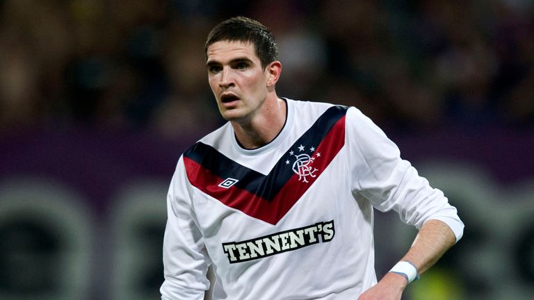 18/08/11 EUROPA LEAGUE PLAY-OFF 1ST LEG.MARIBOR v RANGERS (2-1).LJUDSKI VRT - MARIBOR.Kyle Lafferty in action for Rangers.