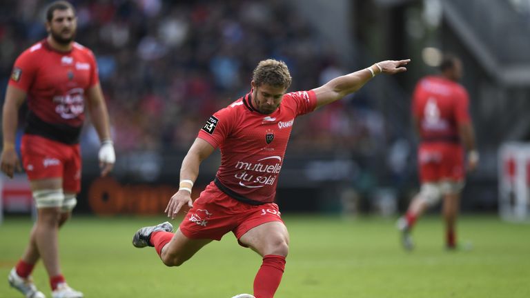 Leigh Halfpenny kicks a penalty during the French Top14 rugby union semi-final match Toulon vs Montpellier 