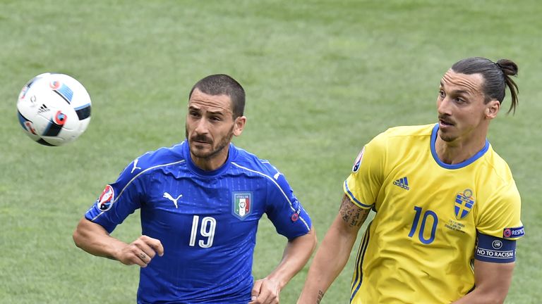 Leonardo Bonucci and Zlatan Ibrahimovic, Euro 2016 group E football match between Italy and Sweden