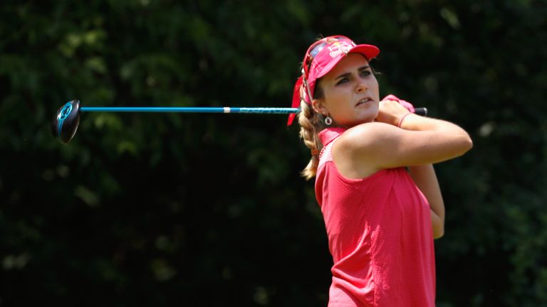 BELMONT, MI - JUNE 18: Lexi Thompson watches her tee shot on the eighth hole during the third round of the Meijer LPGA Classic on June 18, 2016 at Blythefi