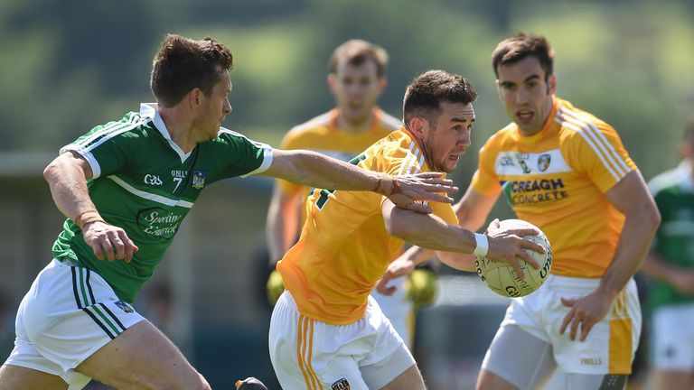 Conor Murray of Antrim in action against Pa Rannahan of Limerick at Corrigan Park in Belfast. 