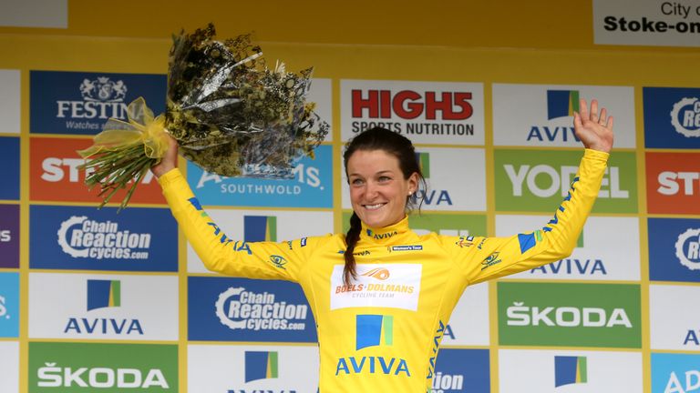 Boels Dolmans Cycling Team Lizzie Armitstead celebrates retaining the yellow jersey after stage four of the Women's Tour of Britain.