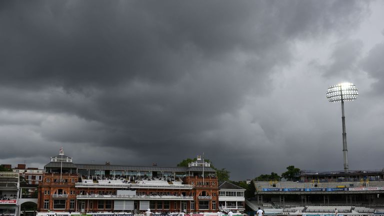 Rain clouds fill the sky in the afternoon of the fifth day of the third test cricket match between England and Sri Lanka at Lord's cricket ground in London