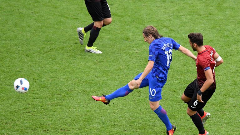 Luka Modric of Croatia scores his team's first goal during the UEFA EURO 2016 Group D match between Turkey and Croatia at Parc des Princes